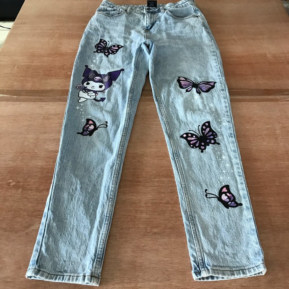 Kuromi Sanrio Mom Jeans Women 5 Purple Butterfly Garden High Rise Anime Stretch